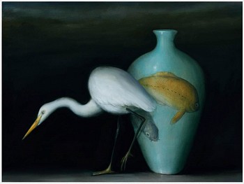 egret and koi vase